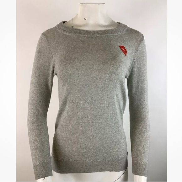 J Crew Sz S Lip Embroidered Tippi Sweater Gray 100% Merino Wool Lightweight - Picture 1 of 7